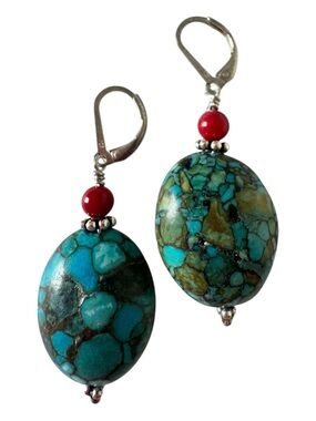 Sundance Turquoise Oval Drop Earrings with Red Coral Beads NEW